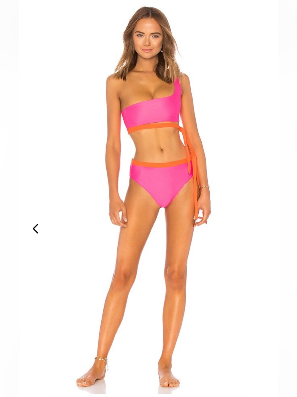 Lovers + Friends Retro Bikini Set Neon Pink Orange One Shoulder Swim Size S